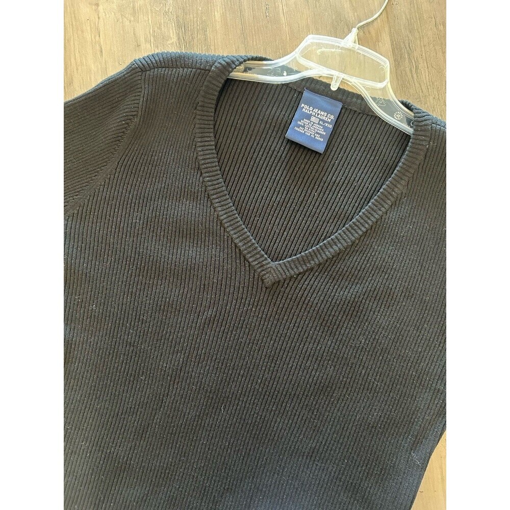 Ralph Lauren Polo Jeans Sweater Womens XL Black Cotton V Neck Ribbed